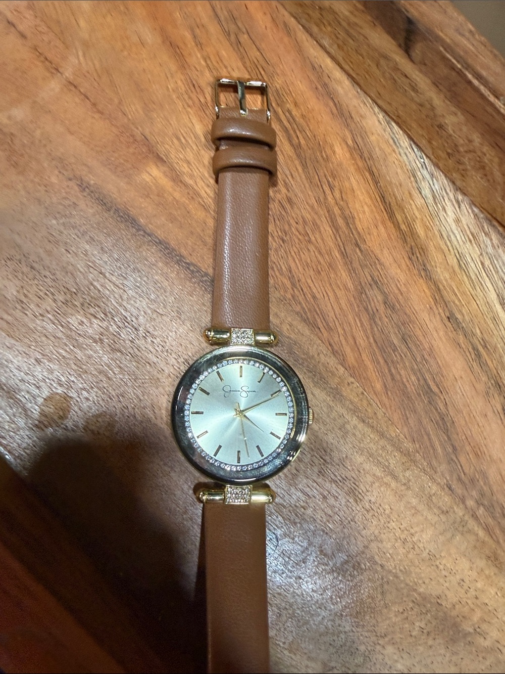 Jessica Simpson Gold-Tone Dial Brown Leather Strap Watch with Crystal Accents - Picture 9 of 9
